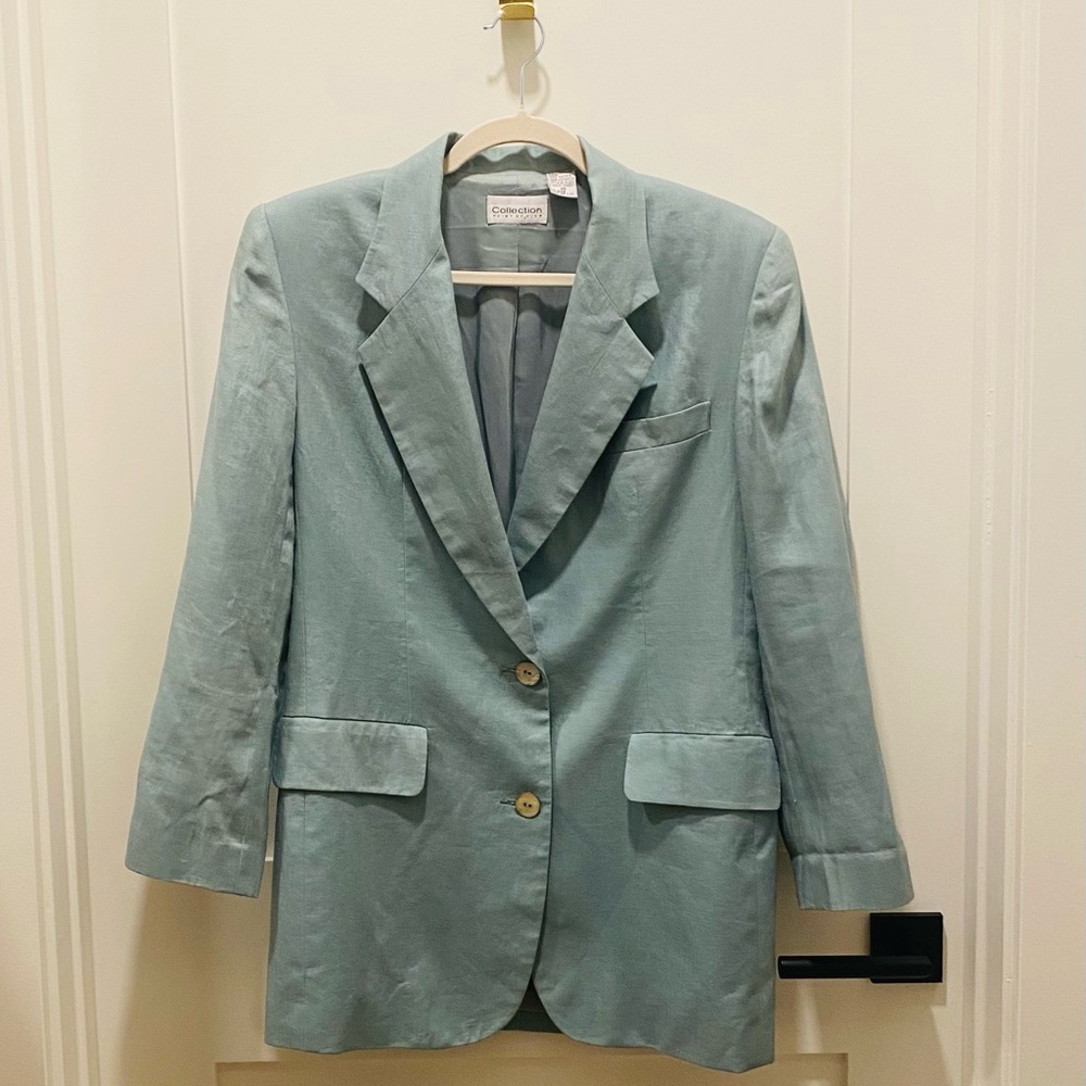 Point of View Collection Oversized XS Teal Lined Linen Blazer Runs Large